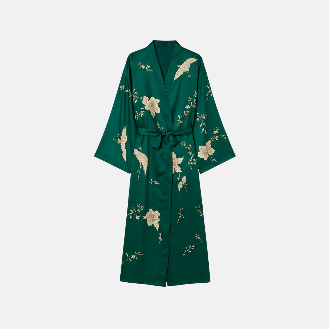 Emerald Green Floral Silk Kimono Robe – Elegant Long Sleeve Robe for Women