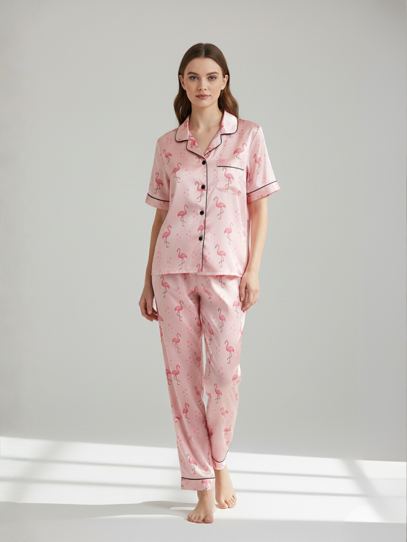 Women’s Pajama Set – Soft, Breathable Short Sleeve Polyester Sleepwear with Pants