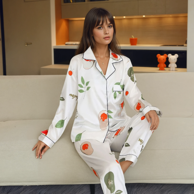Women's Ice Silk Pajama Set – Summer Long Sleeve & Pants Loungewear in Imitation Silk