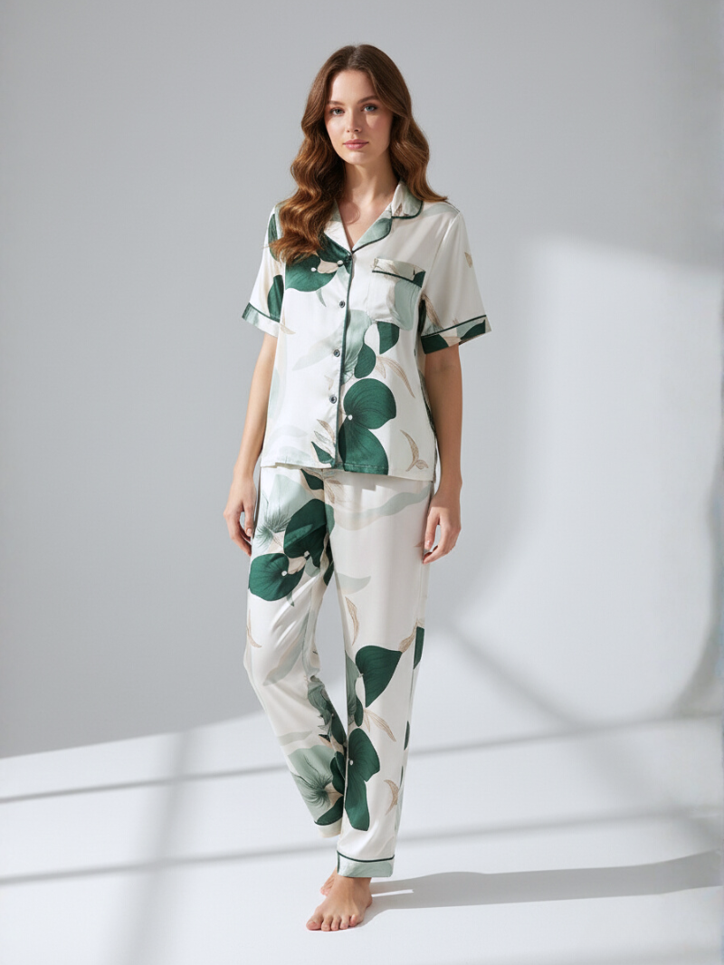 Women’s Pajama Set – Soft, Breathable Short Sleeve Polyester Sleepwear with Pants