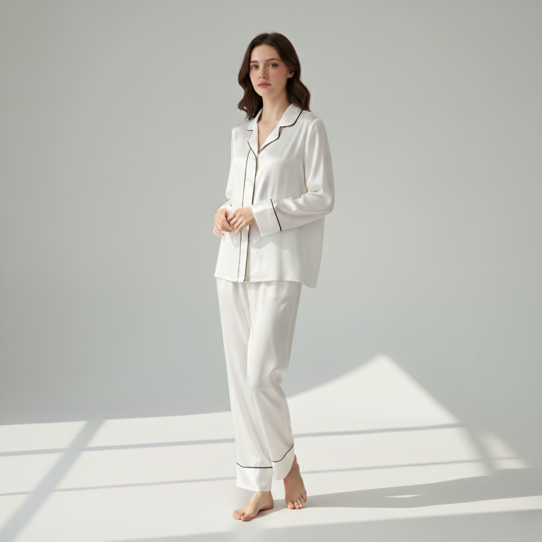 Women’s 100% Mulberry Silk Pajama Set – Long Sleeve Sleepwear with Contrast Piping