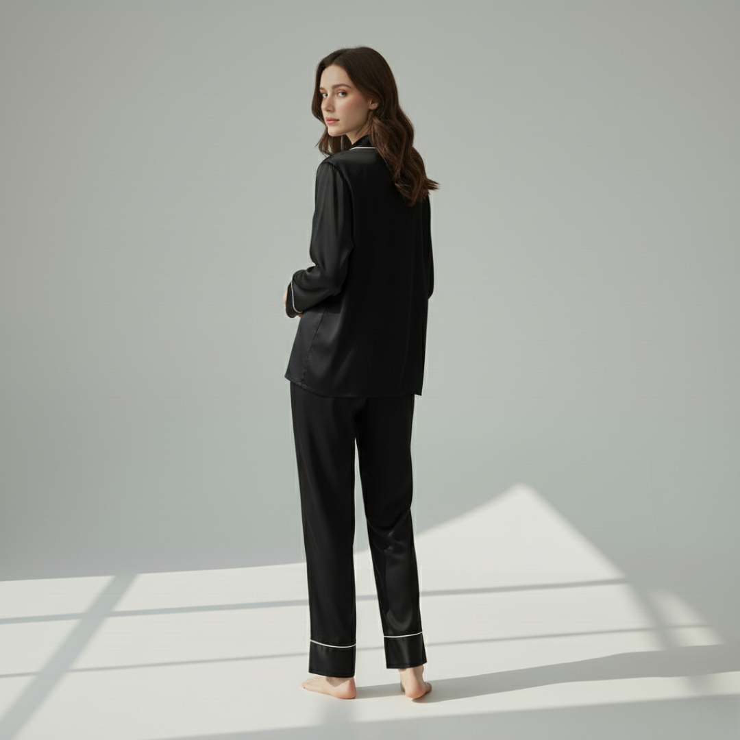 Women’s 100% Mulberry Silk Pajama Set – Long Sleeve Sleepwear with Contrast Piping