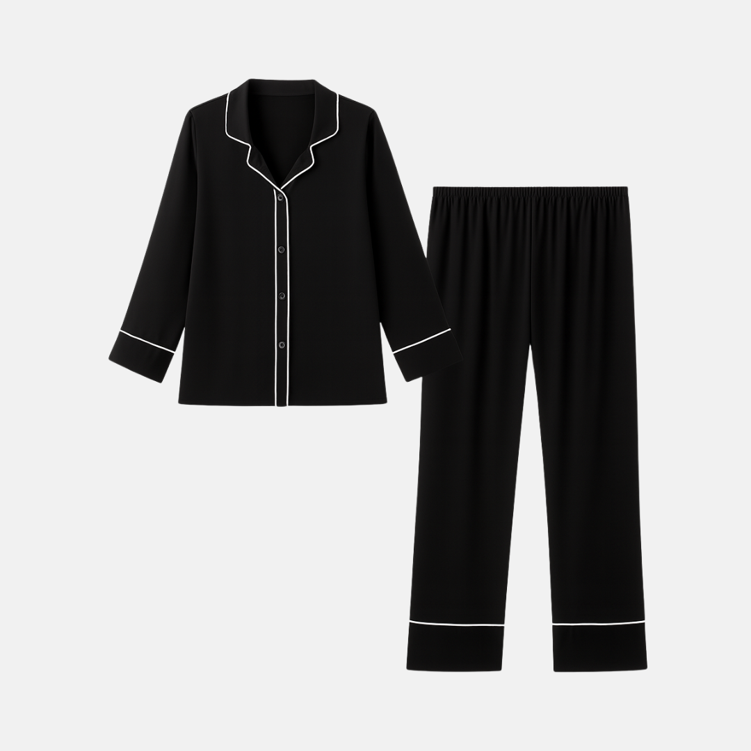 Women’s 100% Mulberry Silk Pajama Set – Long Sleeve Sleepwear with Contrast Piping