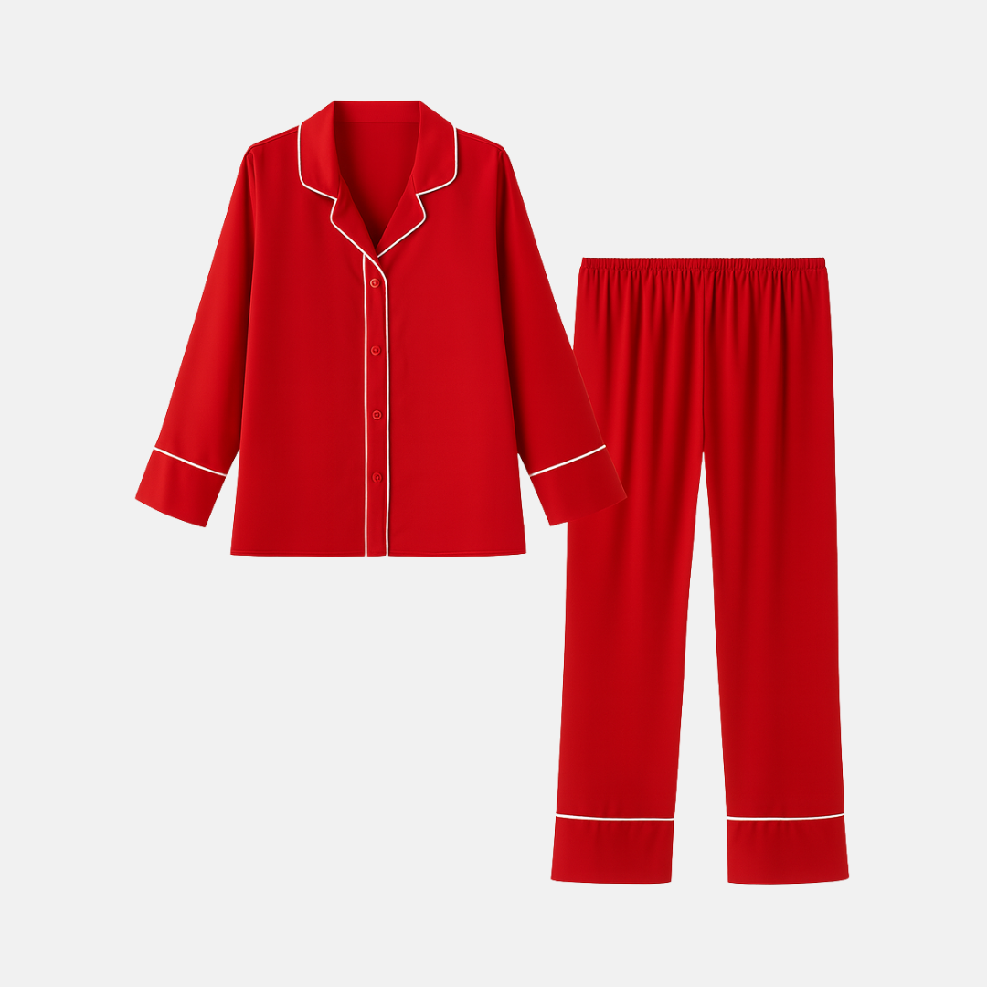 Women’s 100% Mulberry Silk Pajama Set – Long Sleeve Sleepwear with Contrast Piping