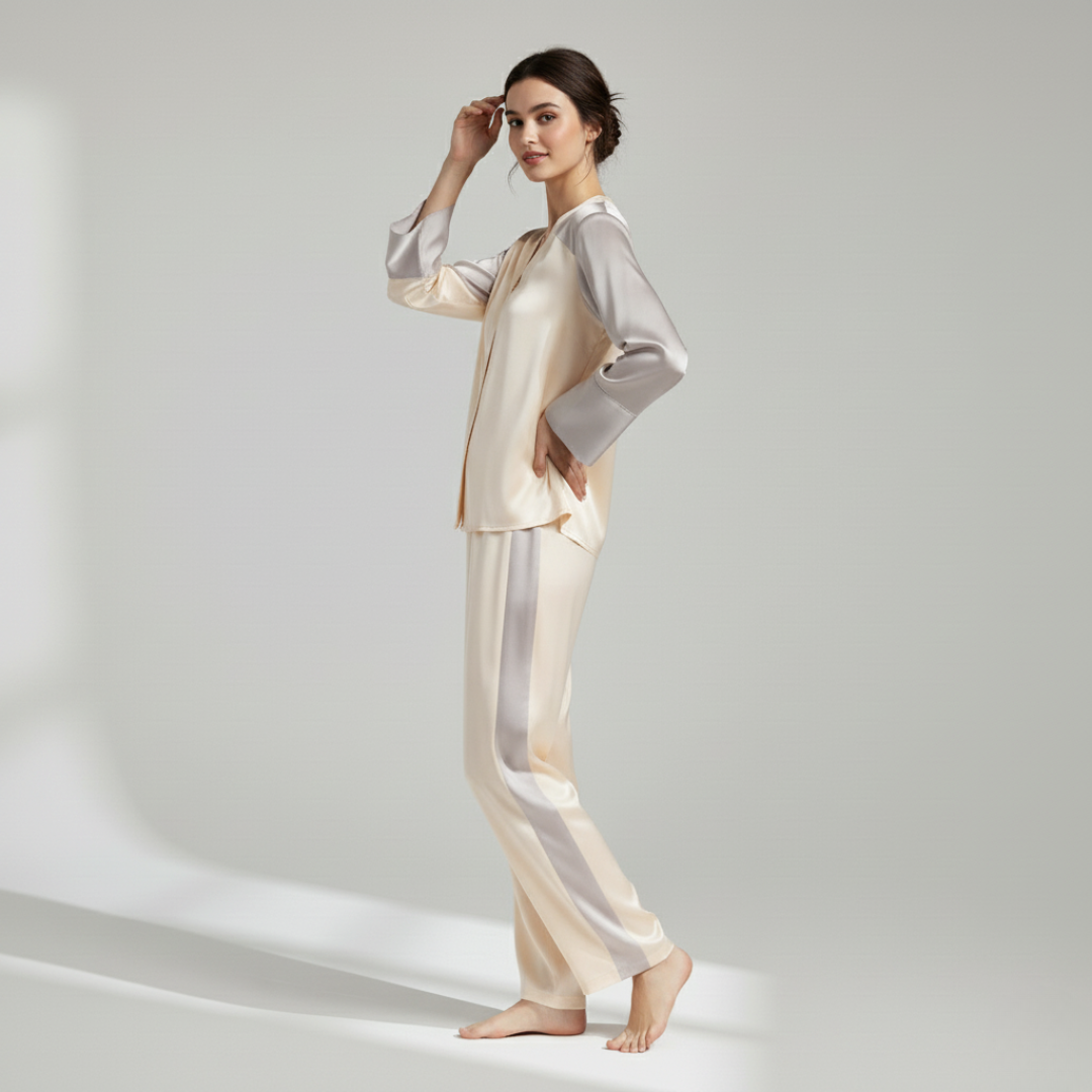 Women’s 100% Mulberry Silk Pajama Set – Long Sleeve Two-Tone Sleepwear