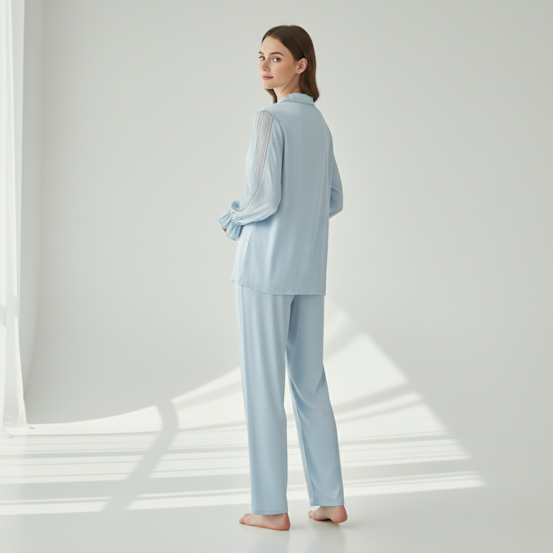 Women’s 100% Mulberry Silk Pajama Set – Long Sleeve with Lace Detail and Ruffled Cuffs