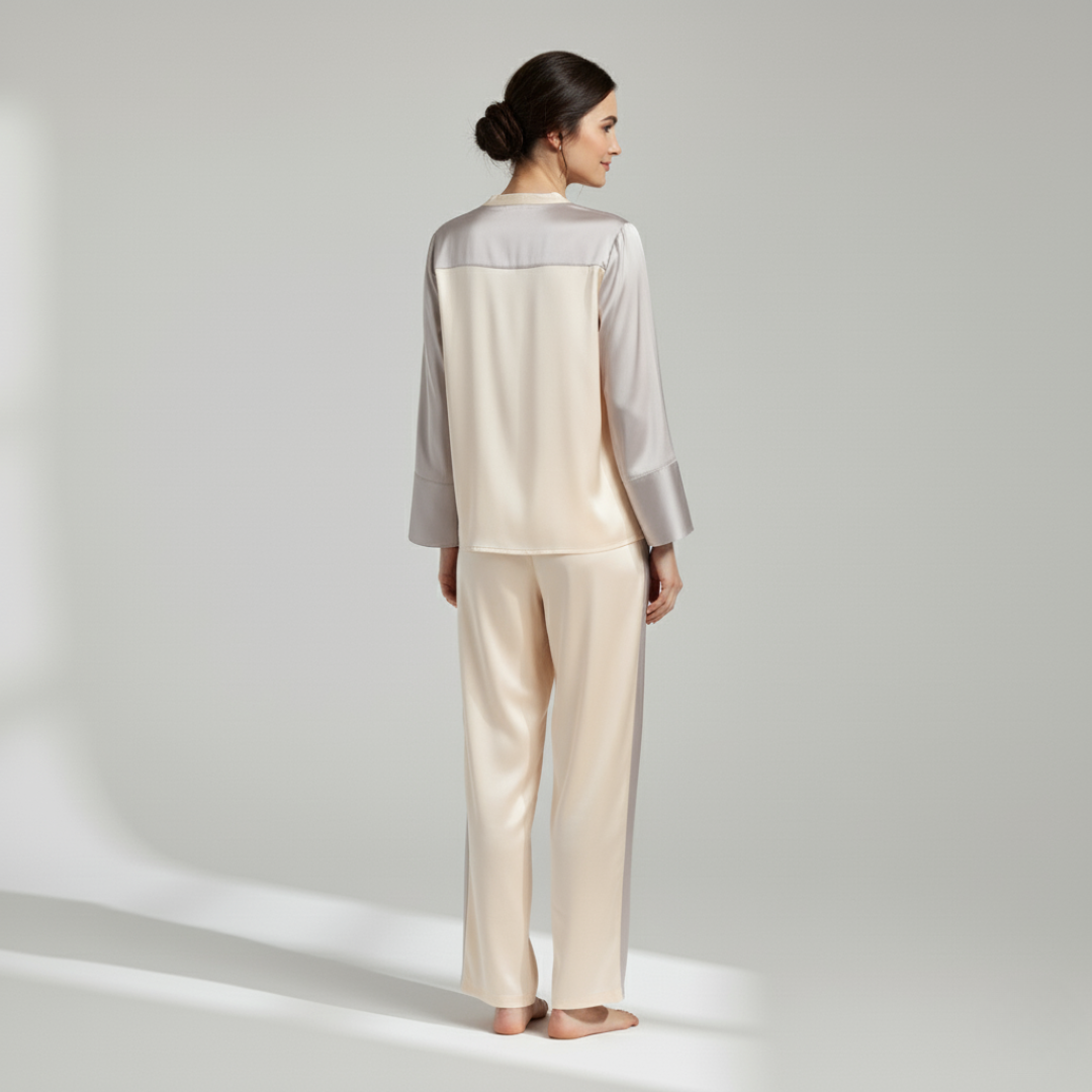 Women’s 100% Mulberry Silk Pajama Set – Long Sleeve Two-Tone Sleepwear