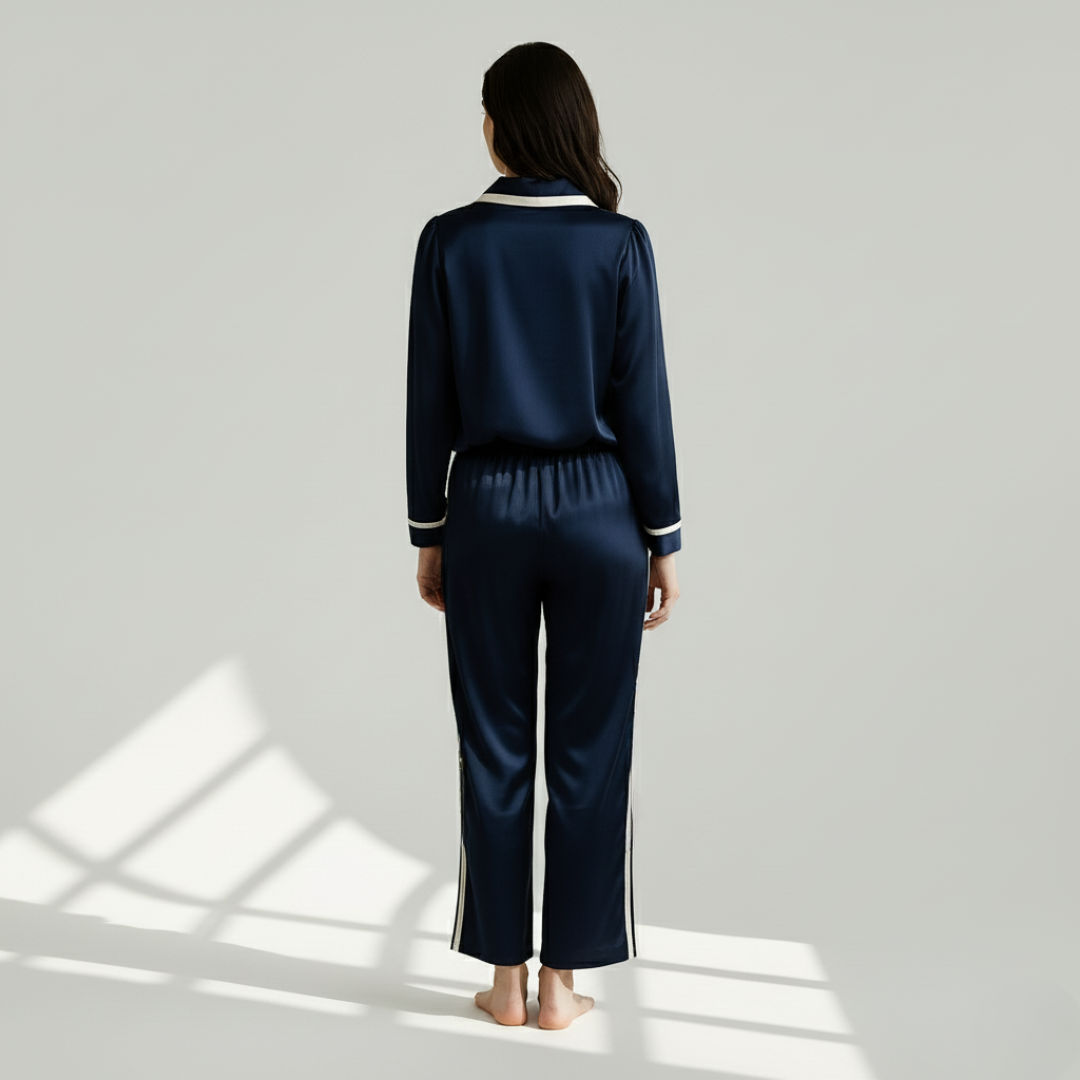 Women’s 100% Mulberry Silk Pajama Set – Elegant Long Sleeve with Flat Collar