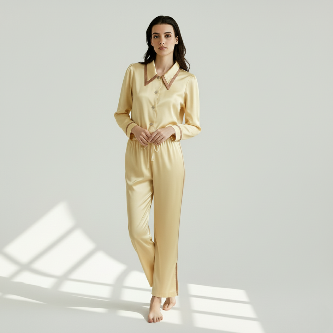 Women’s 100% Mulberry Silk Pajama Set – Elegant Long Sleeve with Flat Collar