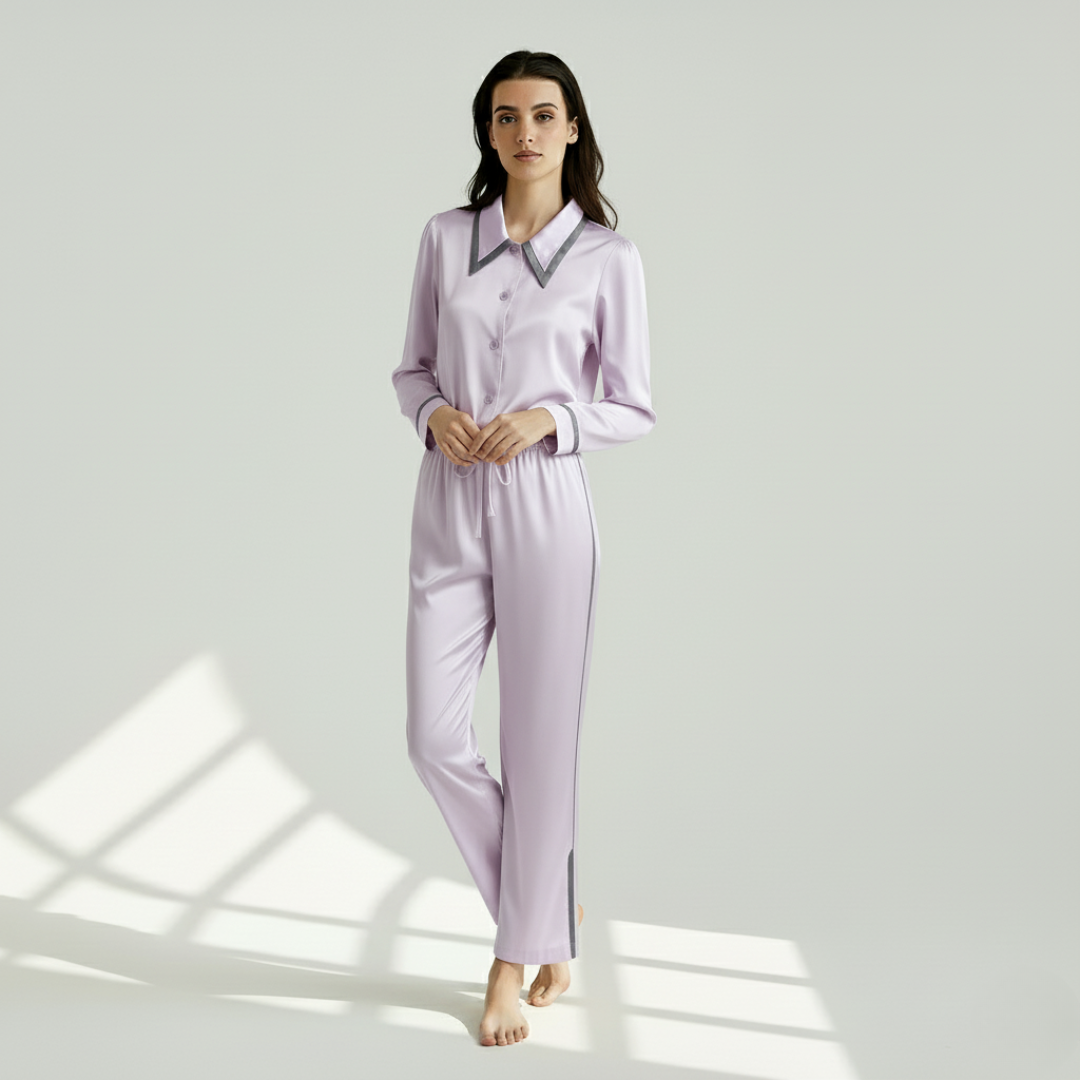 Women’s 100% Mulberry Silk Pajama Set – Elegant Long Sleeve with Flat Collar