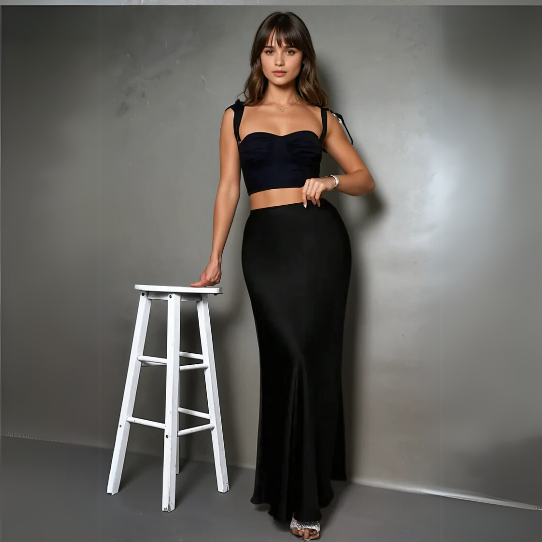 Elegant High Waist Satin Skirt – Flowing Black Design for Parties, Dates & Evening Outfits