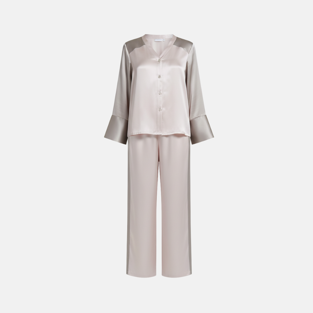 Women’s 100% Mulberry Silk Pajama Set – Long Sleeve Two-Tone Sleepwear