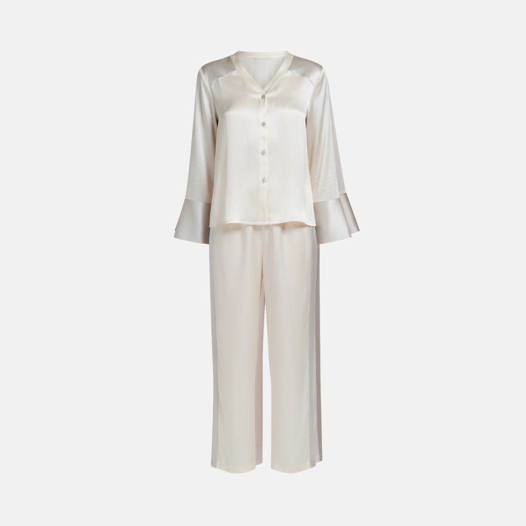 Women’s 100% Mulberry Silk Pajama Set – Long Sleeve Two-Tone Sleepwear