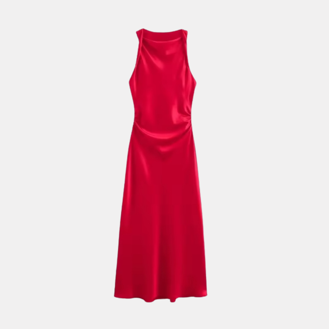 Elegant Sleeveless Silk Satin Midi Dress for Women – Chic Summer Fashion in Solid Color