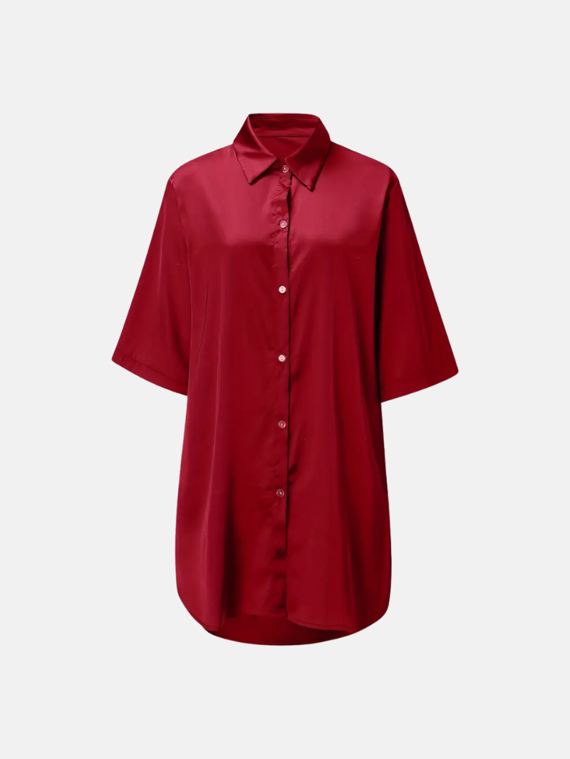 Soft Satin Long Sleep Shirt for Women – Elegant Half-Sleeve Lounge Top with Lapel & Buttons