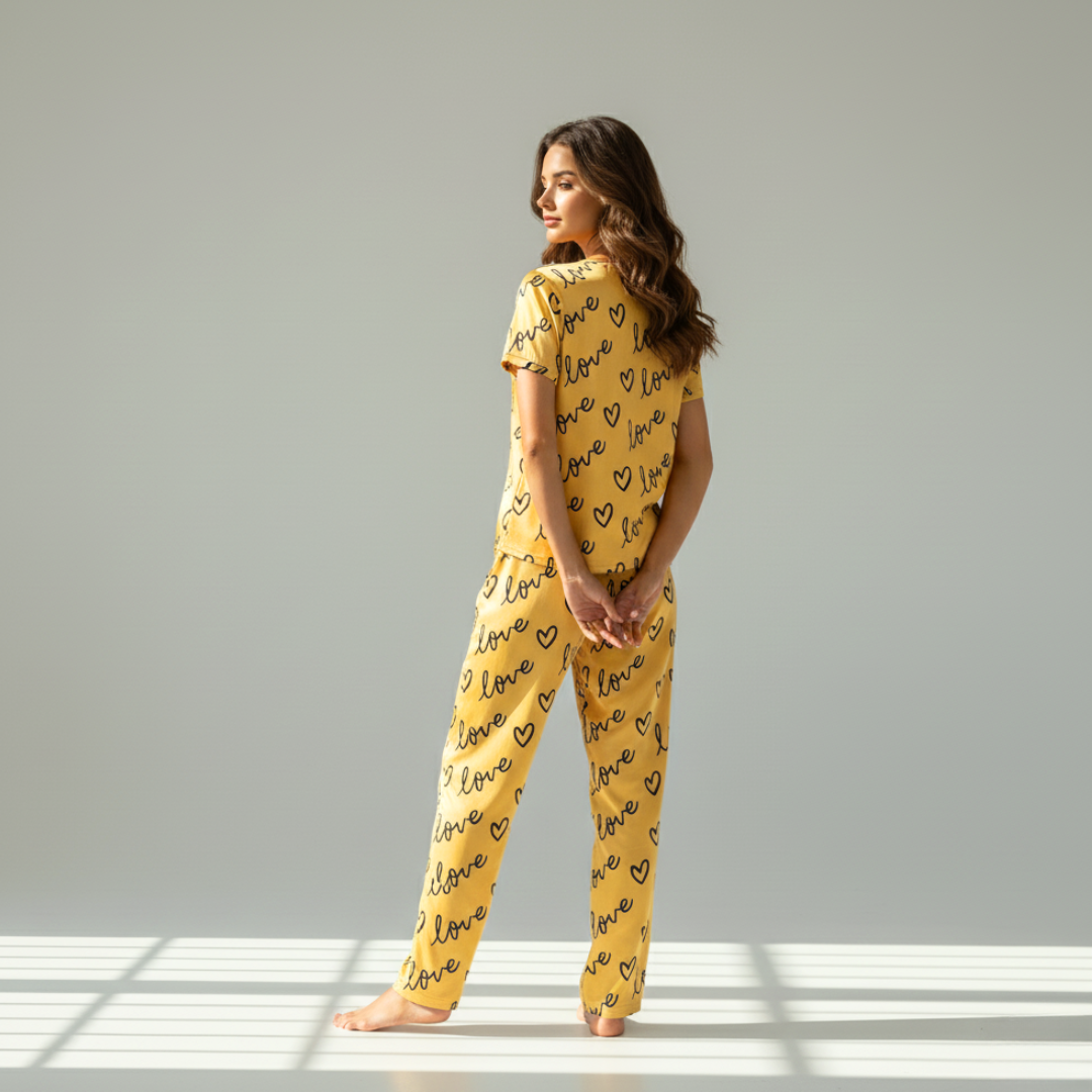 Women's Summer Satin Silk Pajama Set - Short Sleeves & Long Pants