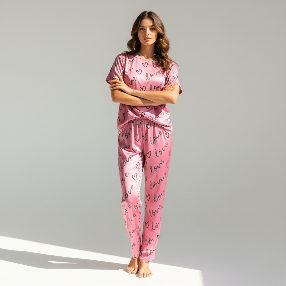 Women's Summer Satin Silk Pajama Set - Short Sleeves & Long Pants