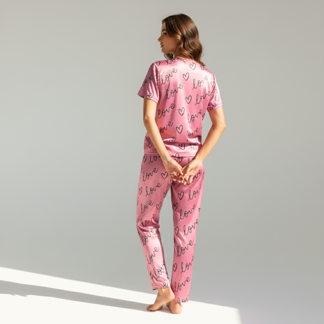 Women's Summer Satin Silk Pajama Set - Short Sleeves & Long Pants