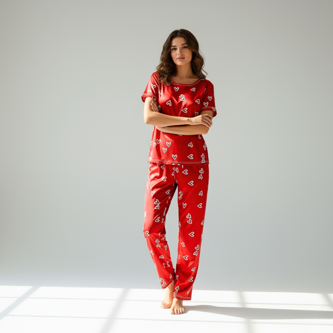 Women's Summer Satin Silk Pajama Set - Short Sleeves & Long Pants