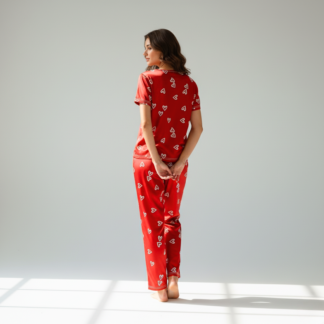 Women's Summer Satin Silk Pajama Set - Short Sleeves & Long Pants
