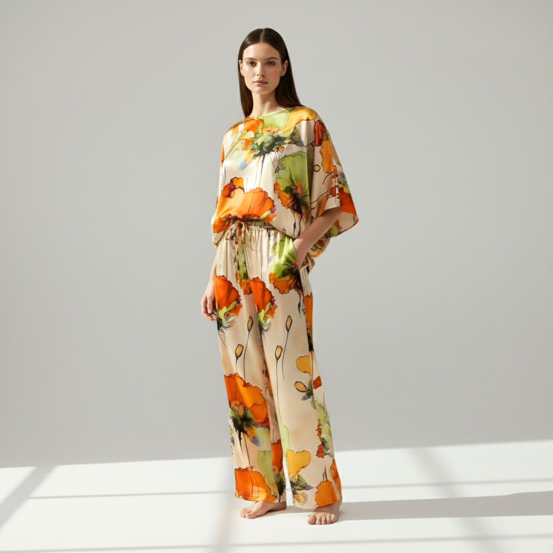 Women's Satin Two-Piece Set – Elegant Floral Top with Wide-Leg Pants for Casual Chic Style