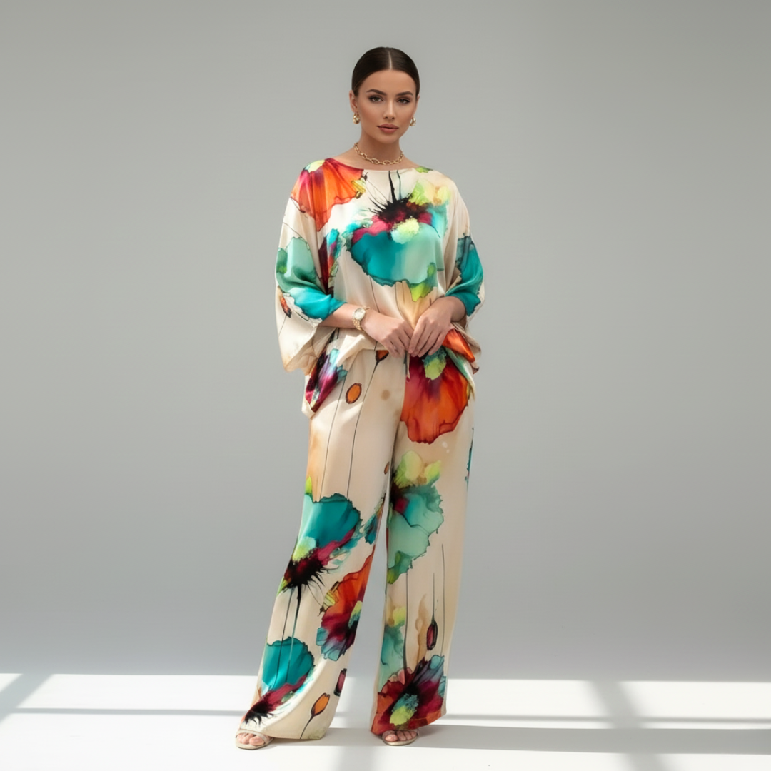 Women's Satin Two-Piece Set – Elegant Floral Top with Wide-Leg Pants for Casual Chic Style