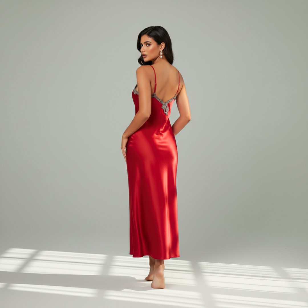 Arabella Faux Silk Maxi Nightgown – Elegant Lace Trim Sleepwear for Women