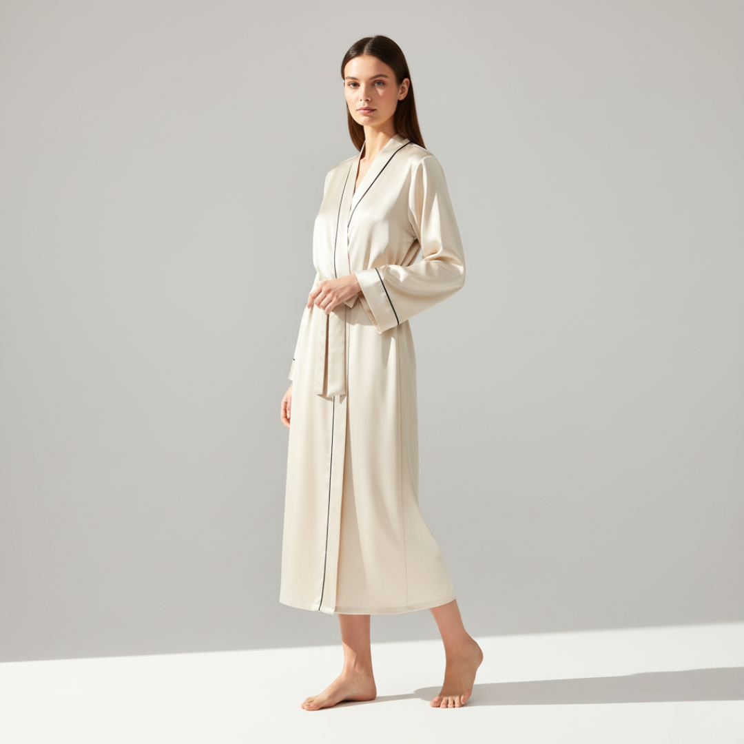Silk Robe – Long Sleeve V-Neck Belted Silk Robe for Women