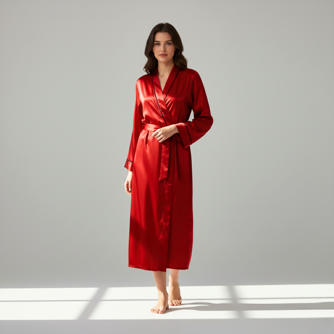 Silk Robe – Long Sleeve V-Neck Belted Silk Robe for Women
