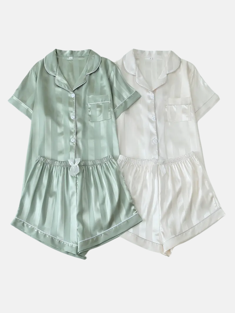 2 Sets Women's Striped Silk Casual Pajama Set Short Sleeve Top & Shorts