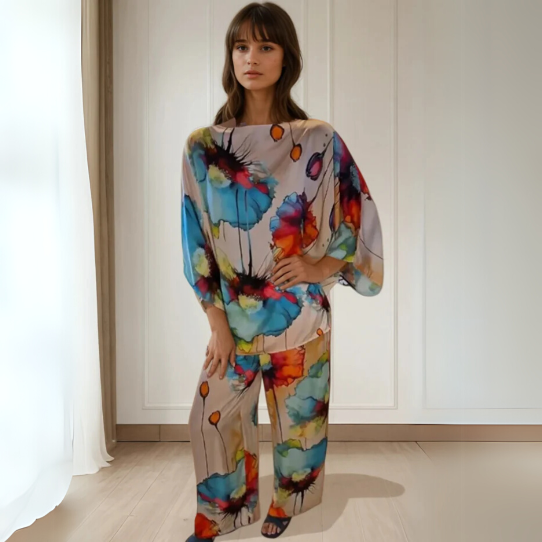 Women's Satin Two-Piece Set – Elegant Floral Top with Wide-Leg Pants for Casual Chic Style
