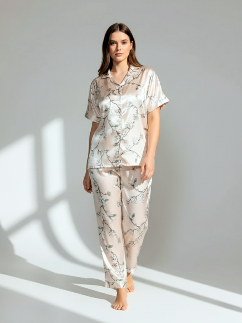 Women’s Pajama Set – Soft, Breathable Short Sleeve Polyester Sleepwear with Pants