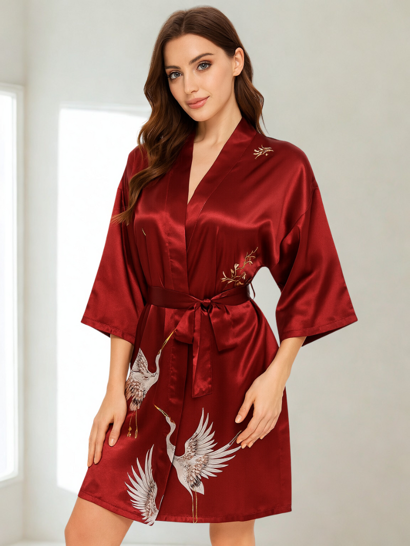 Elegant Silk Kimono Robe with Crane Print – Lightweight Summer Bridal & Bridesmaid Dressing Gown