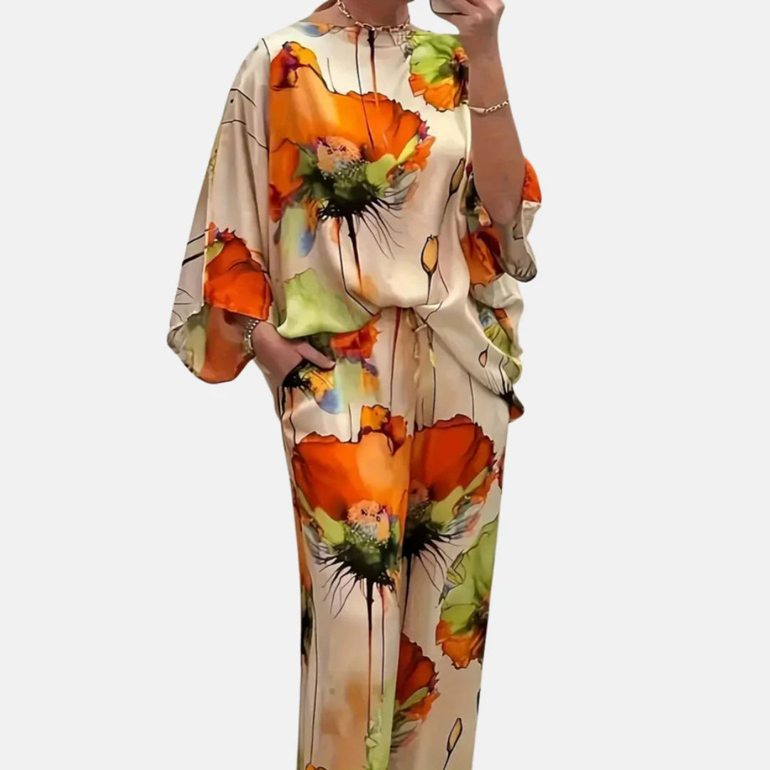 Women's Satin Two-Piece Set – Elegant Floral Top with Wide-Leg Pants for Casual Chic Style