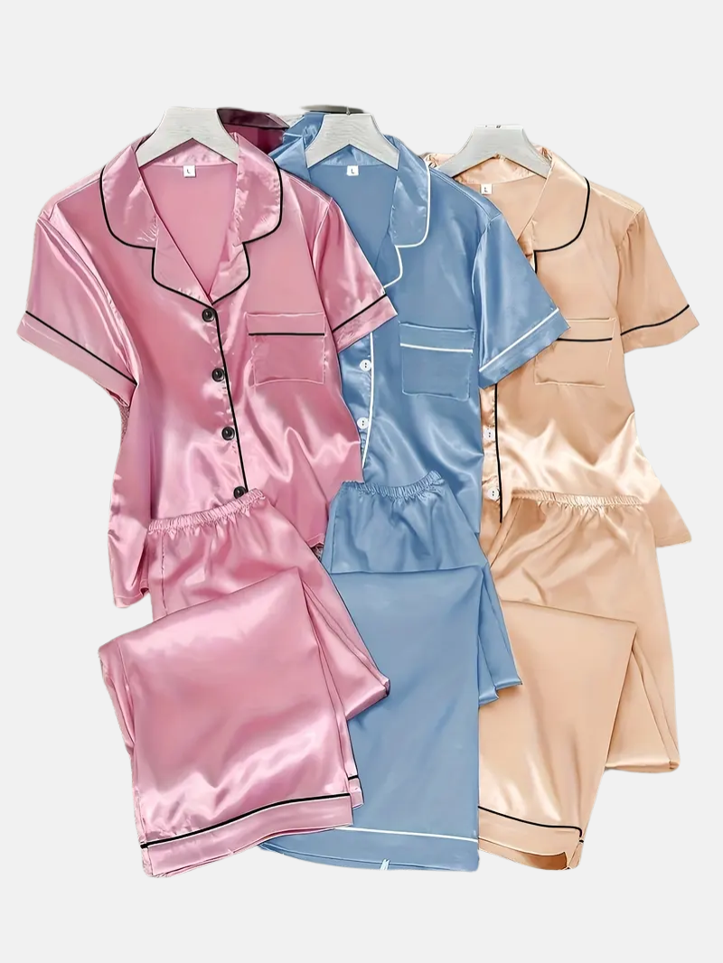 3 Sets Women's Silk Casual Pajama Set, Short Sleeve Buttons Lapel Top & Pants
