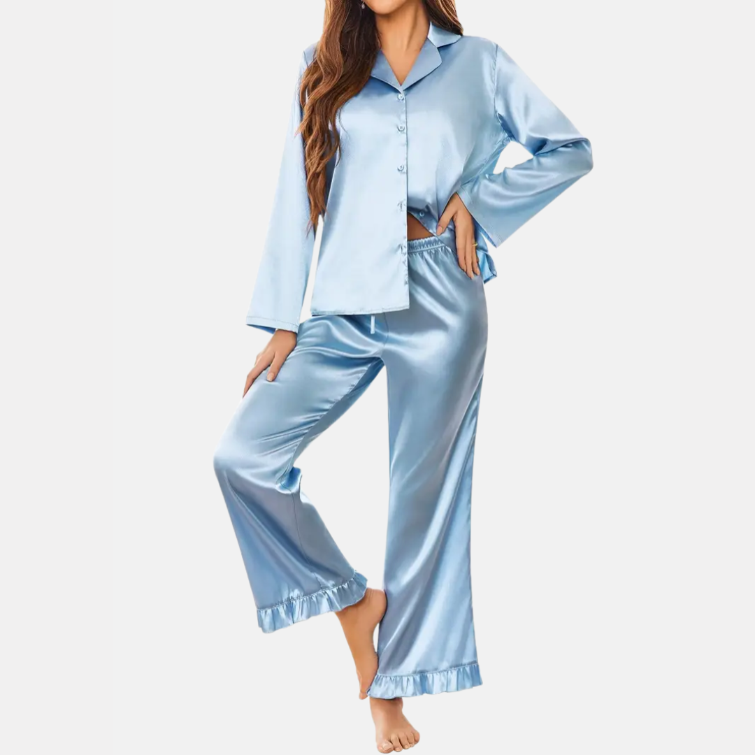 Soft Satin Pajamas Set for Women – 2-Piece Long Sleeve Sleepwear & Elegant Button Loungewear