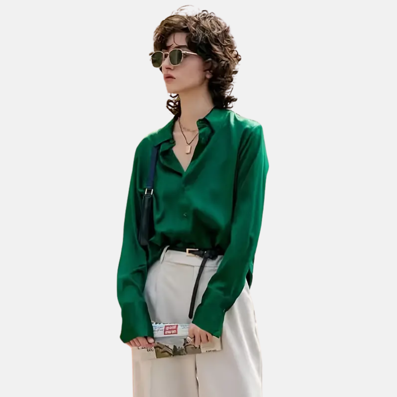 Green Satin Long Sleeve Blouse – Elegant Women’s Shirt for Spring and Autumn Fashion