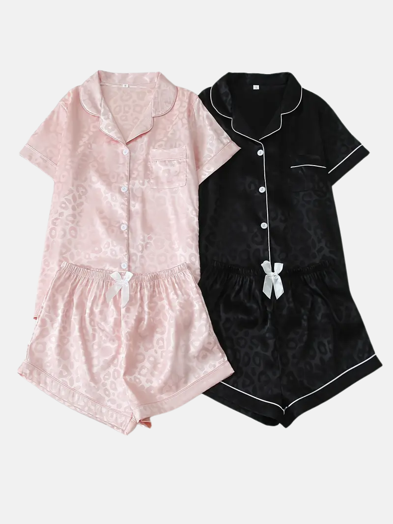 2 Sets Women's Striped Silk Casual Pajama Set Short Sleeve Top & Shorts