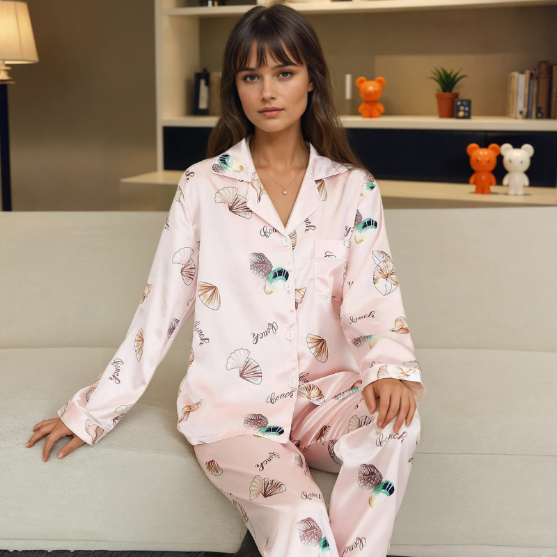Women's Ice Silk Pajama Set – Summer Long Sleeve & Pants Loungewear in Imitation Silk