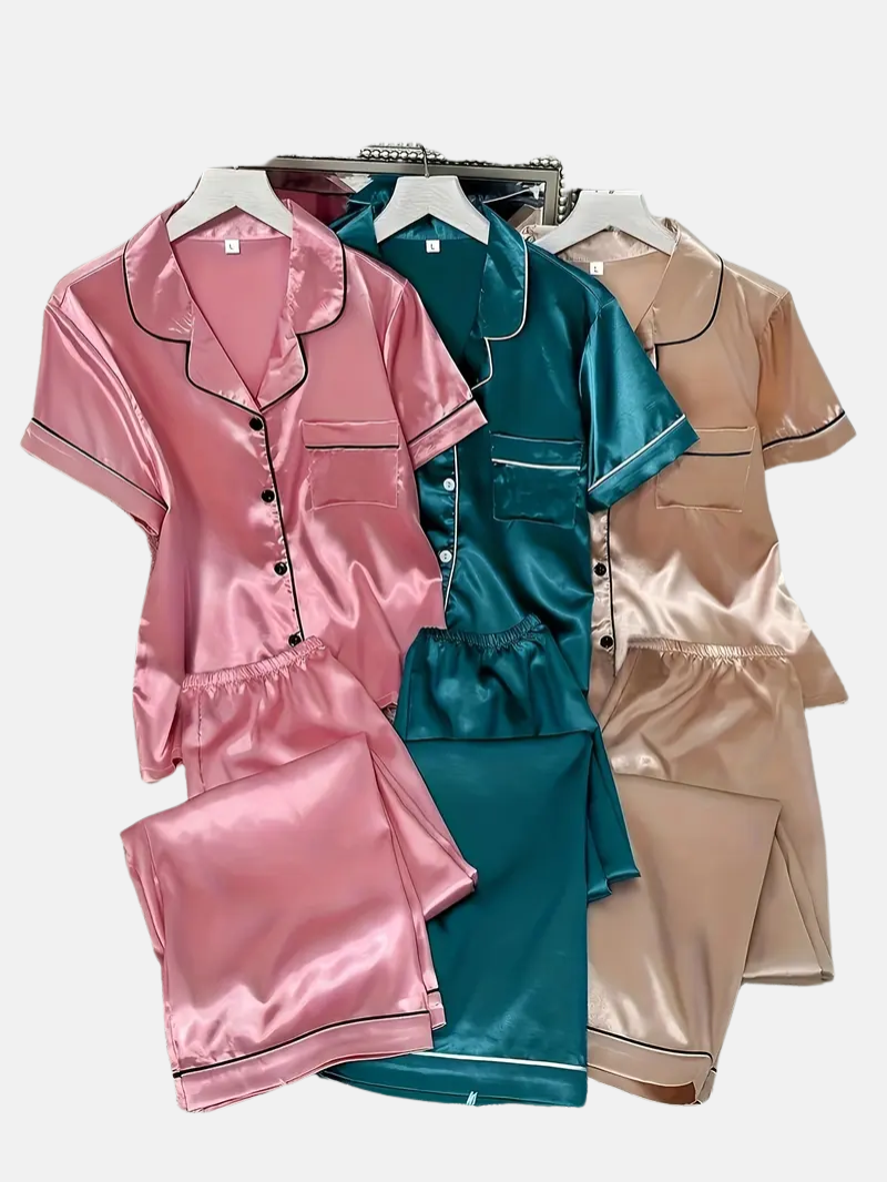 3 Sets Women's Silk Casual Pajama Set, Short Sleeve Buttons Lapel Top & Pants