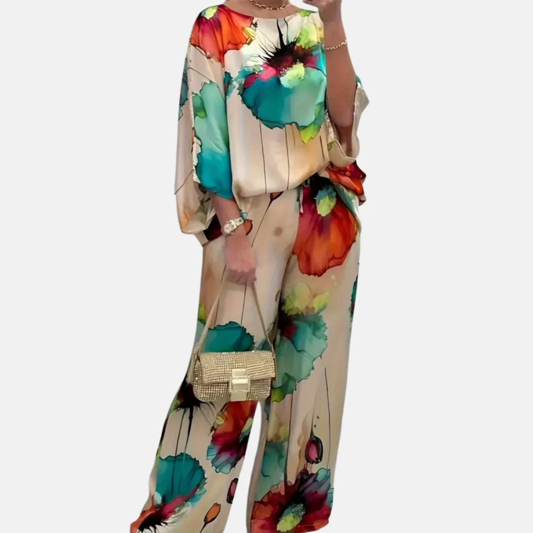 Women's Satin Two-Piece Set – Elegant Floral Top with Wide-Leg Pants for Casual Chic Style