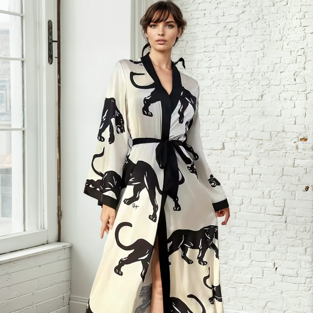 Wedding Party Fashion Printed Robe – Loose Silk Satin Sleepwear, Long Sleeve Nightgown Bathrobe for Women