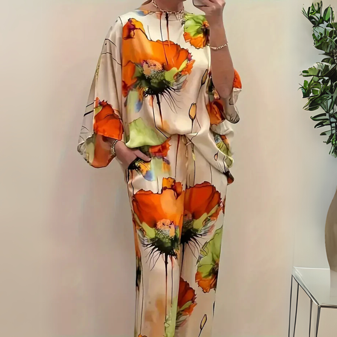 Women's Satin Two-Piece Set – Elegant Floral Top with Wide-Leg Pants for Casual Chic Style