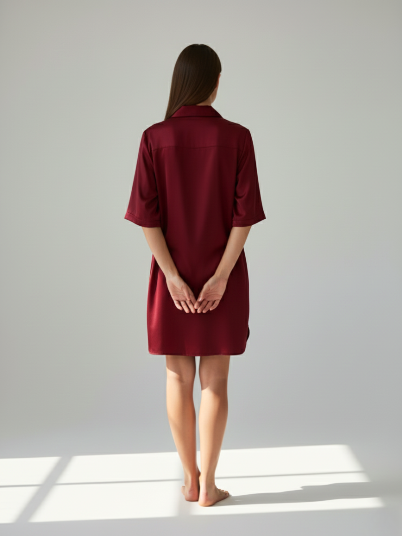 Soft Satin Long Sleep Shirt for Women – Elegant Half-Sleeve Lounge Top with Lapel & Buttons