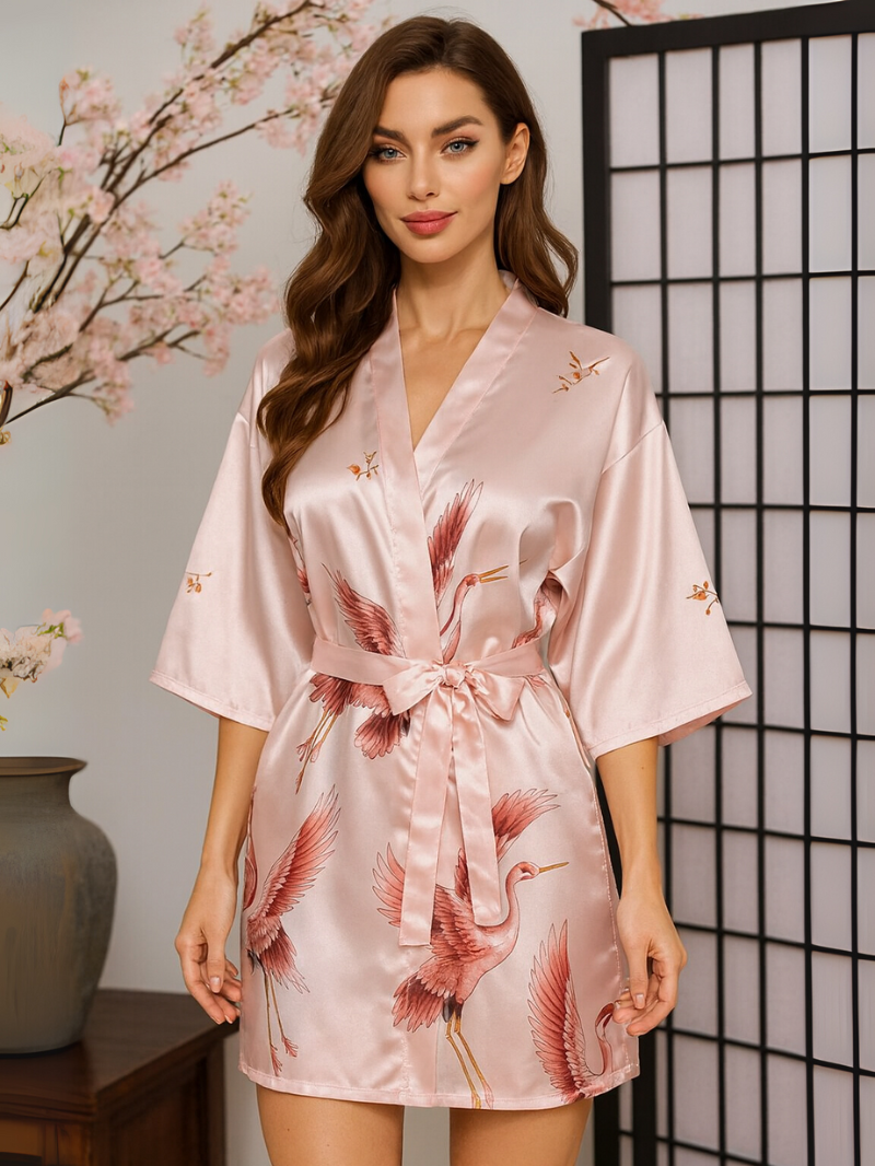 Elegant Silk Kimono Robe with Crane Print – Lightweight Summer Bridal & Bridesmaid Dressing Gown