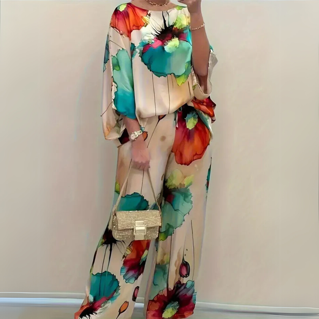 Women's Satin Two-Piece Set – Elegant Floral Top with Wide-Leg Pants for Casual Chic Style