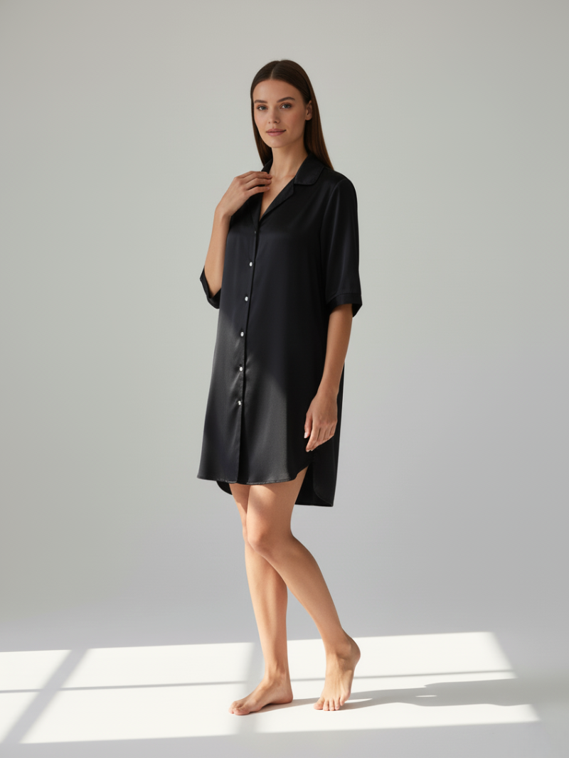 Soft Satin Long Sleep Shirt for Women – Elegant Half-Sleeve Lounge Top with Lapel & Buttons