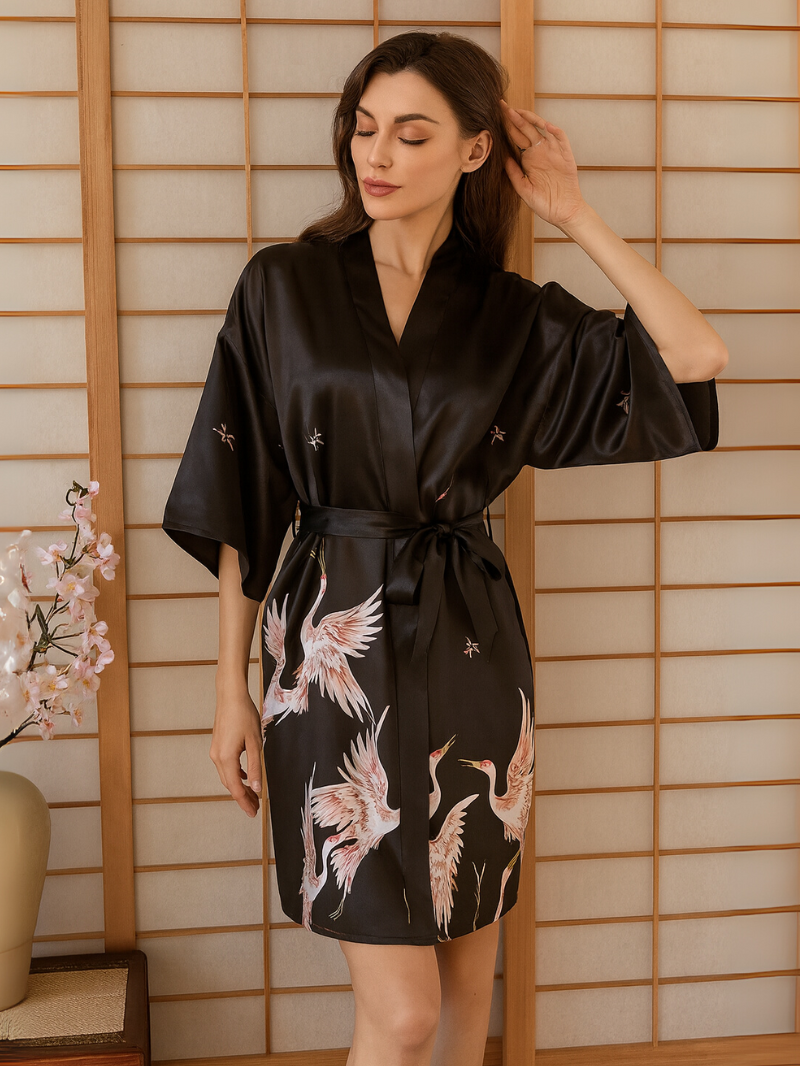 Elegant Silk Kimono Robe with Crane Print – Lightweight Summer Bridal & Bridesmaid Dressing Gown