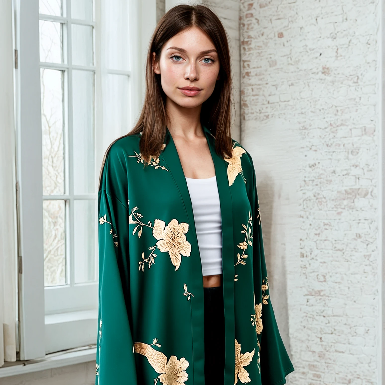 Emerald Green Floral Silk Kimono Robe – Elegant Long Sleeve Robe for Women