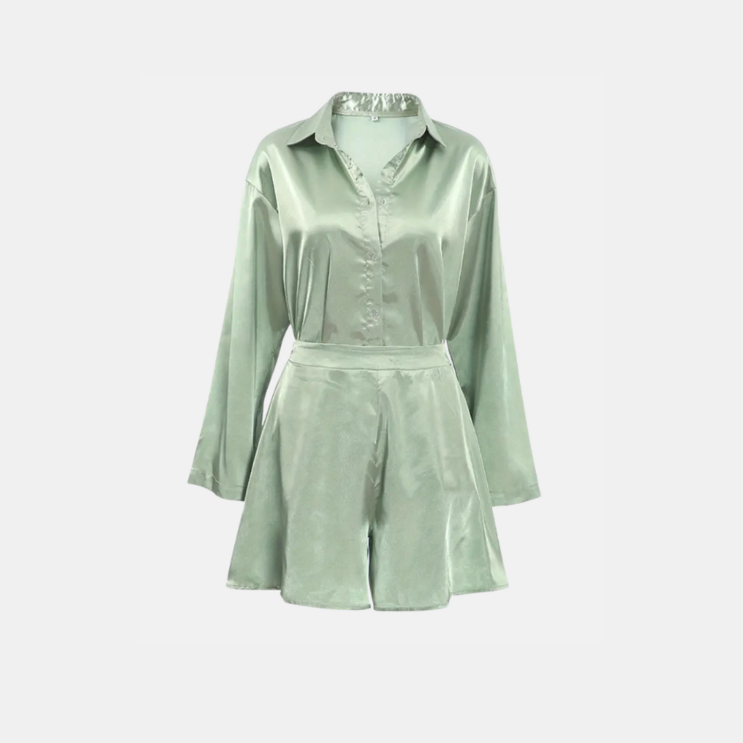 Luxury Satin Pajama Set for Women – 2 Piece Loungewear with Long Sleeve Top and Shorts